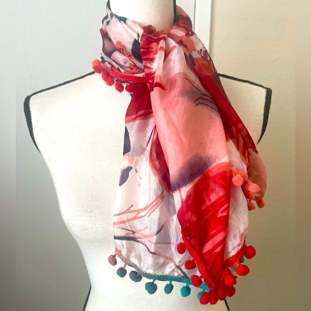 Floral Large Square Silk Wrap Scarf Shawl With Pom Pom Trim 39x34